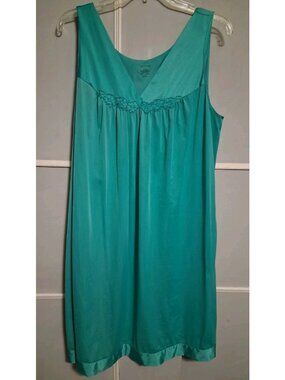 Vtg Vanity Fair Teal Green Nightgown Silky Nylon Flower Trim L Grannycore